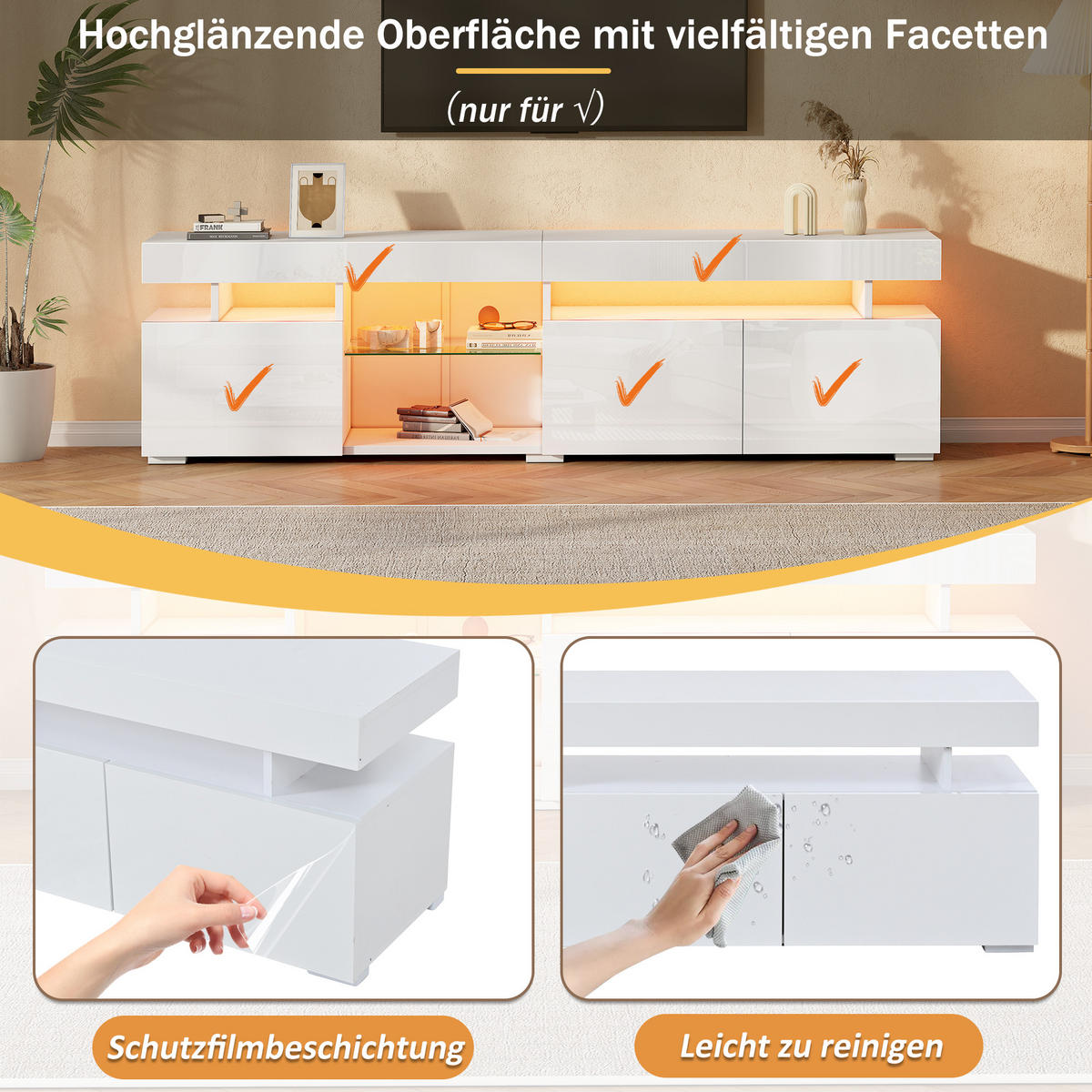 TV-LOWBOARD 180x35x45 cm Weiß Hochglanz 3 Türen Glas Einlegeböden - Weiß, Holzwerkstoff (35/45/180cm) - FLIEKS