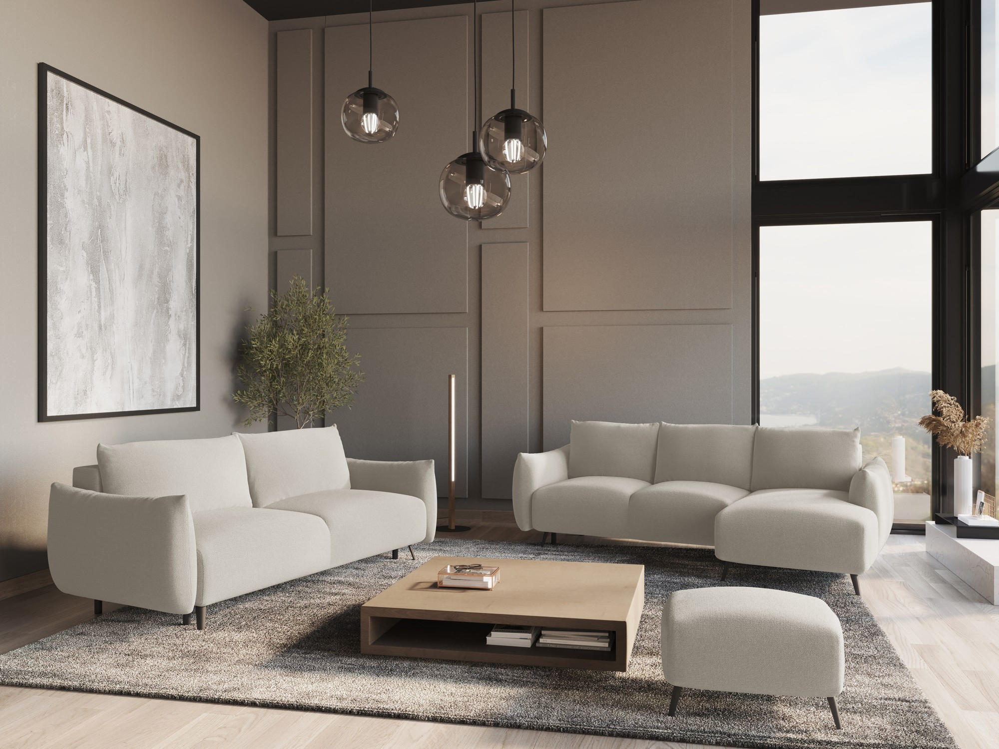 WOHNLANDSCHAFT Chenille Stoff Grau - Silberfarben/Schwarz, Textil/Metall (317/86/162cm) - Makamii