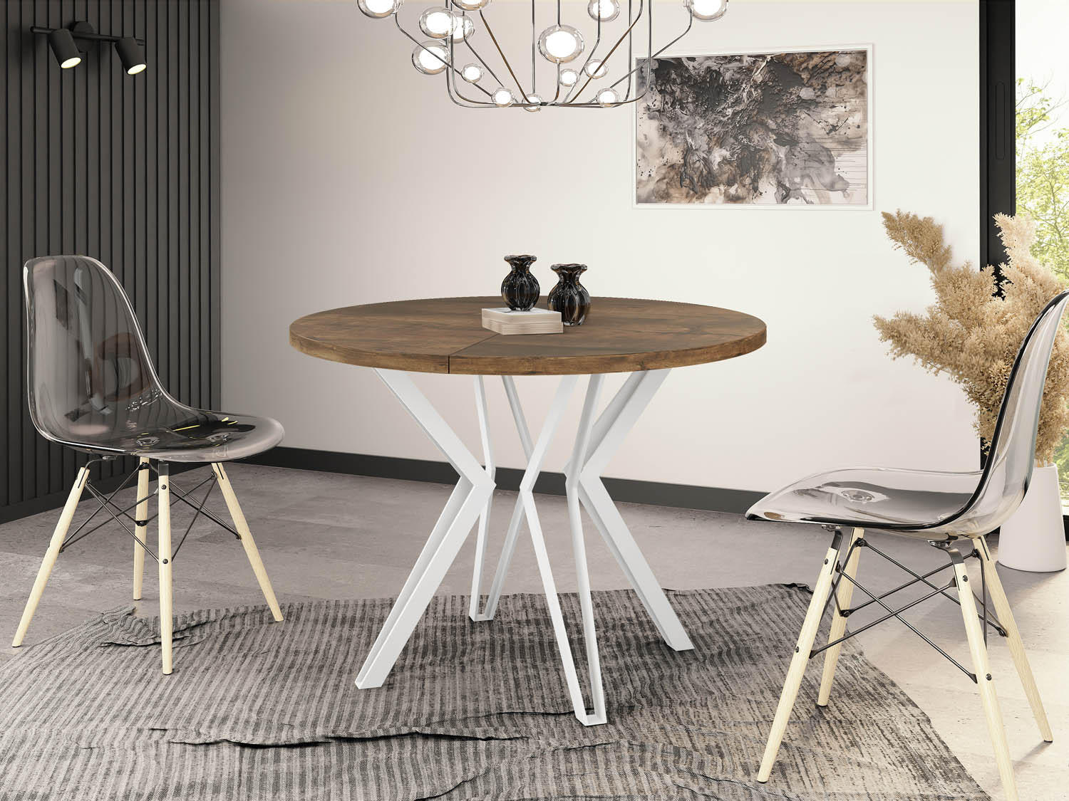 ESSTISCH Austin runder ausziehbarer, Lefkas Eiche 120-200/100/76 cm - Alteiche/Weiß, Holzwerkstoff/Metall (120/120/76cm) - WFL GROUP