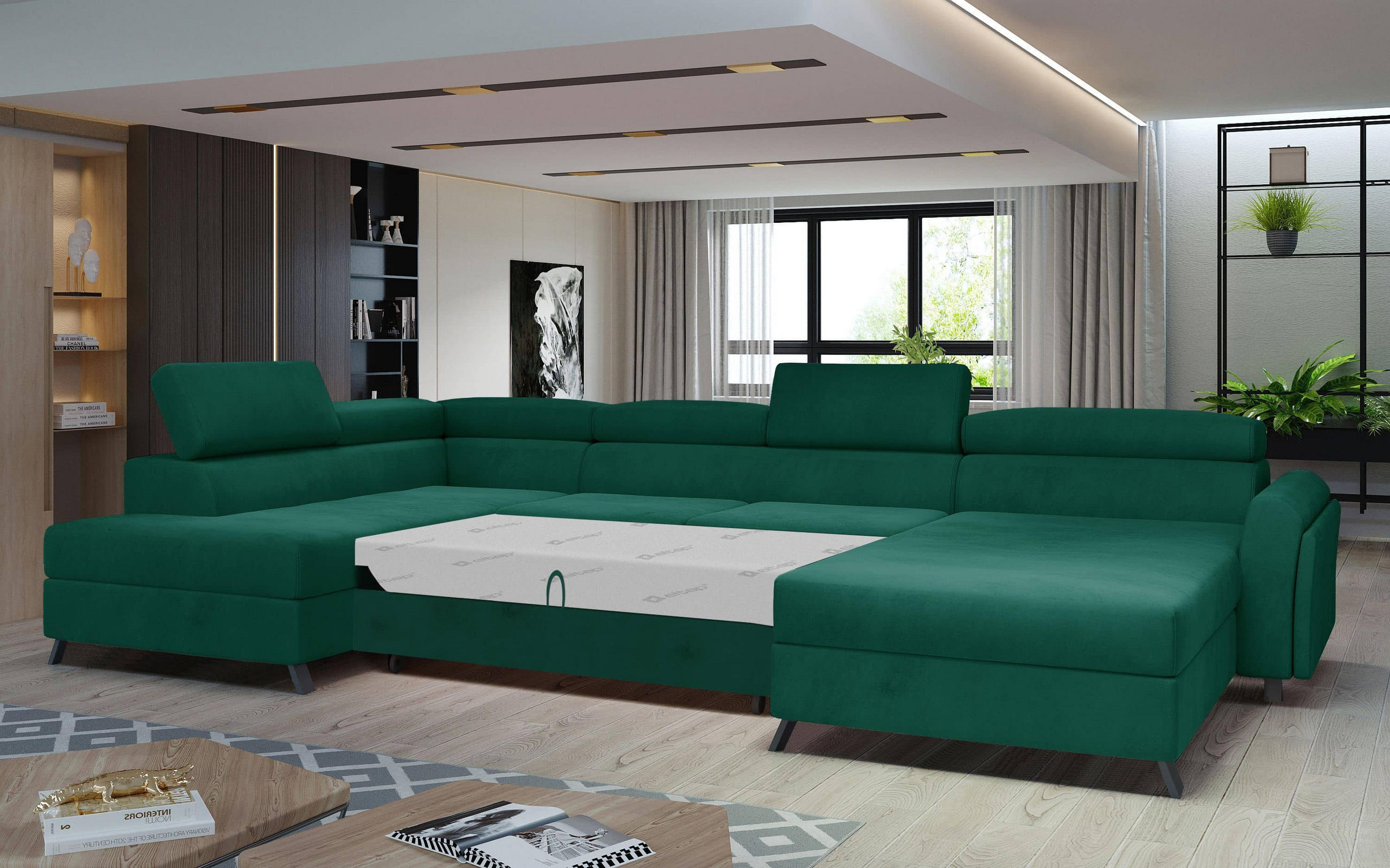 Thumbnail - Eltap Wohnlandschaft, Dunkelgrün, Textil, Echtholz, 5-Sitzer, U-Form, 370x98x200 cm, Wohnzimmer, Sofas & Couches, Wohnla...