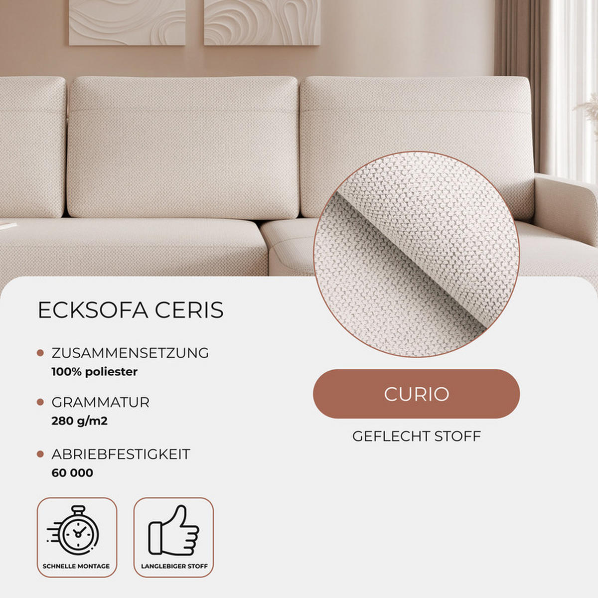 ECKSOFA CERIS mit Schlaffunktion und Bettkasten Creme - Creme, Holzwerkstoff/Kunststoff (250/160cm) - Idohome