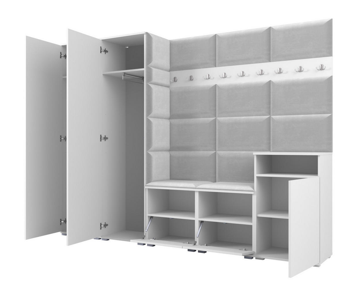 GARDEROBE NELA VIII 250 cm (Modulare Flurmöbel Graphit mit Spiegel & Sitzpolster Schwarz 16 Set XL) - Silberfarben/Schwarz, Holz/Holzwerkstoff (250/187/40cm) - Ravio