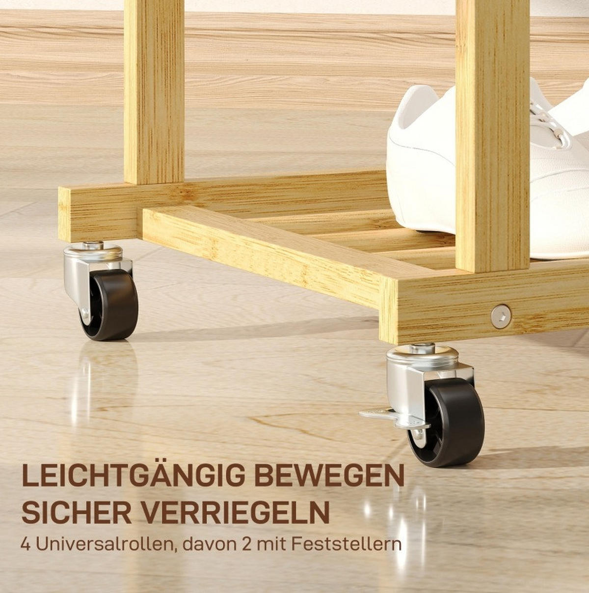 KLEIDERSTÄNDER 80/40/160 cm mit Rollen, 2 Kleiderstangen und Schuhablage aus Bambus, Natur - Naturfarben, Naturmaterialien (80/160/40cm) - Redom