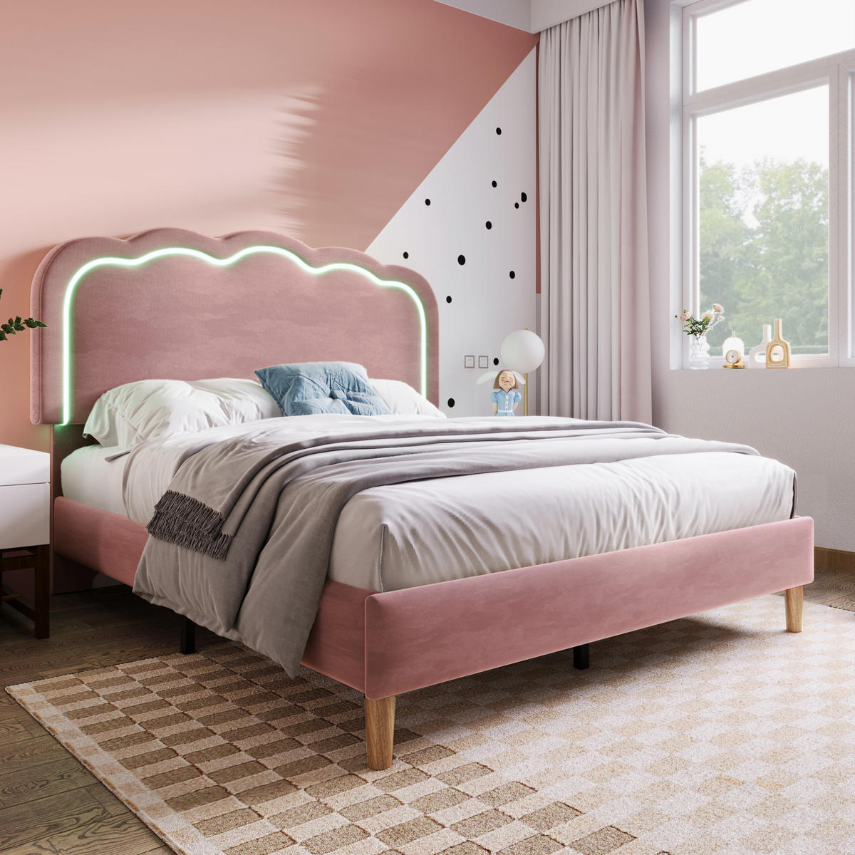 POLSTERBETT mit LED und verstellbarem Kopfteil 140x200 cm Samt Rosa - Pink, Metall (140/200cm) - Beauniv