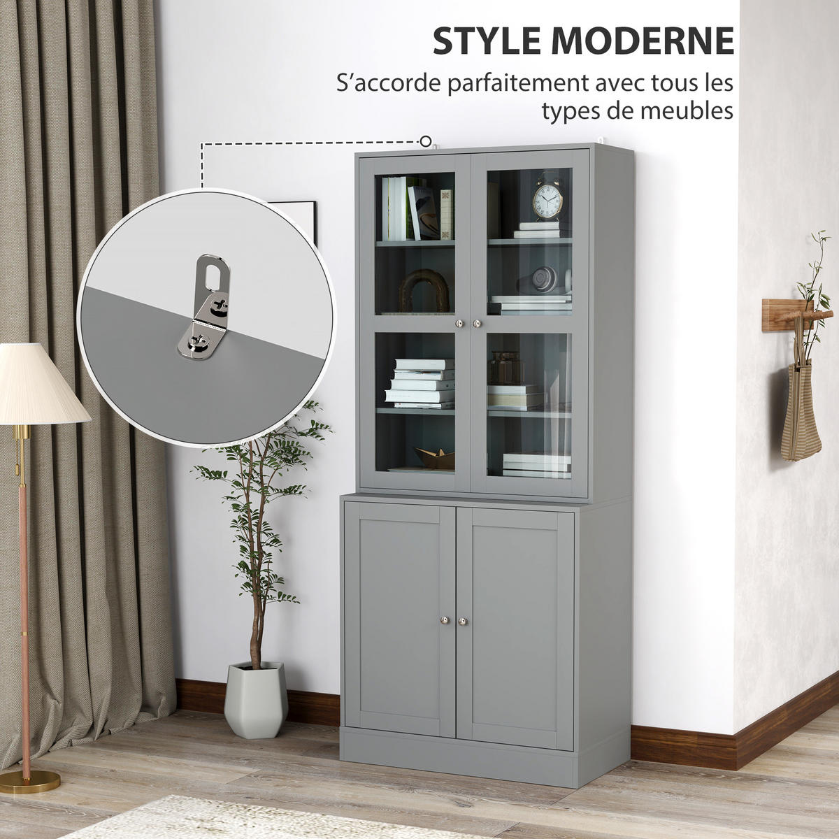 AKTENSCHRANK DE-14525 6 Ebenen mit 2 Glastüren, verstellbare Böden Grau - Grau, Holzwerkstoff (40/178.5/76cm) - ComfortXL