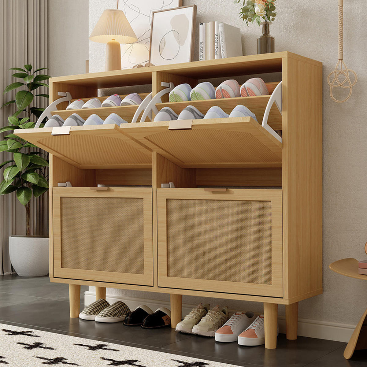 SCHUHSCHRANK Rattan mit 4 Klappschubladen und Metallgriffen 100x25x90 cm - Braun, Holzwerkstoff (25/90.3/100cm) - Moorle