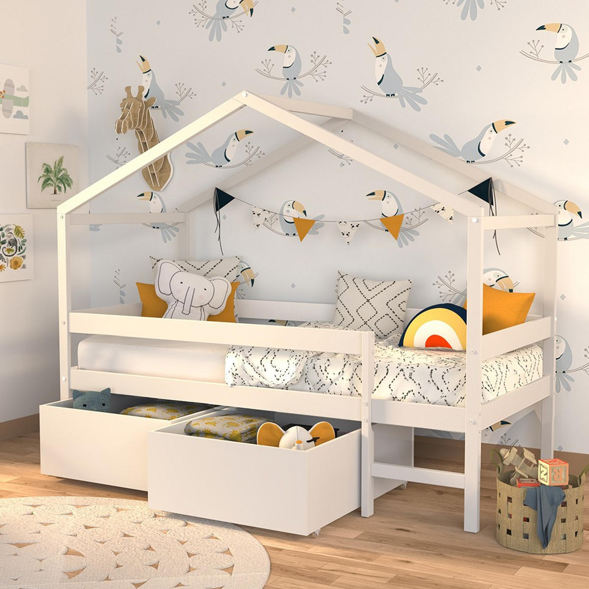 HAUSBETT MIKA mit Schubladen / Kinderbett 90x190 - Weiß - Weiß, Holz (90/190cm) - Weber Industries