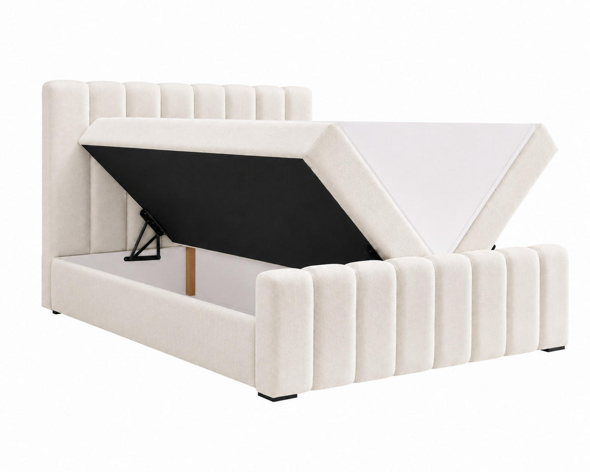 BOXBETT 01 BIS 160 x 200 cm - Vibe - Modernes Polsterbett mit Bettkasten inkl. PU-Schaum-Topper und Federmechanismus - Creme, Holz (160/200cm) - ROYAL24_MARKT