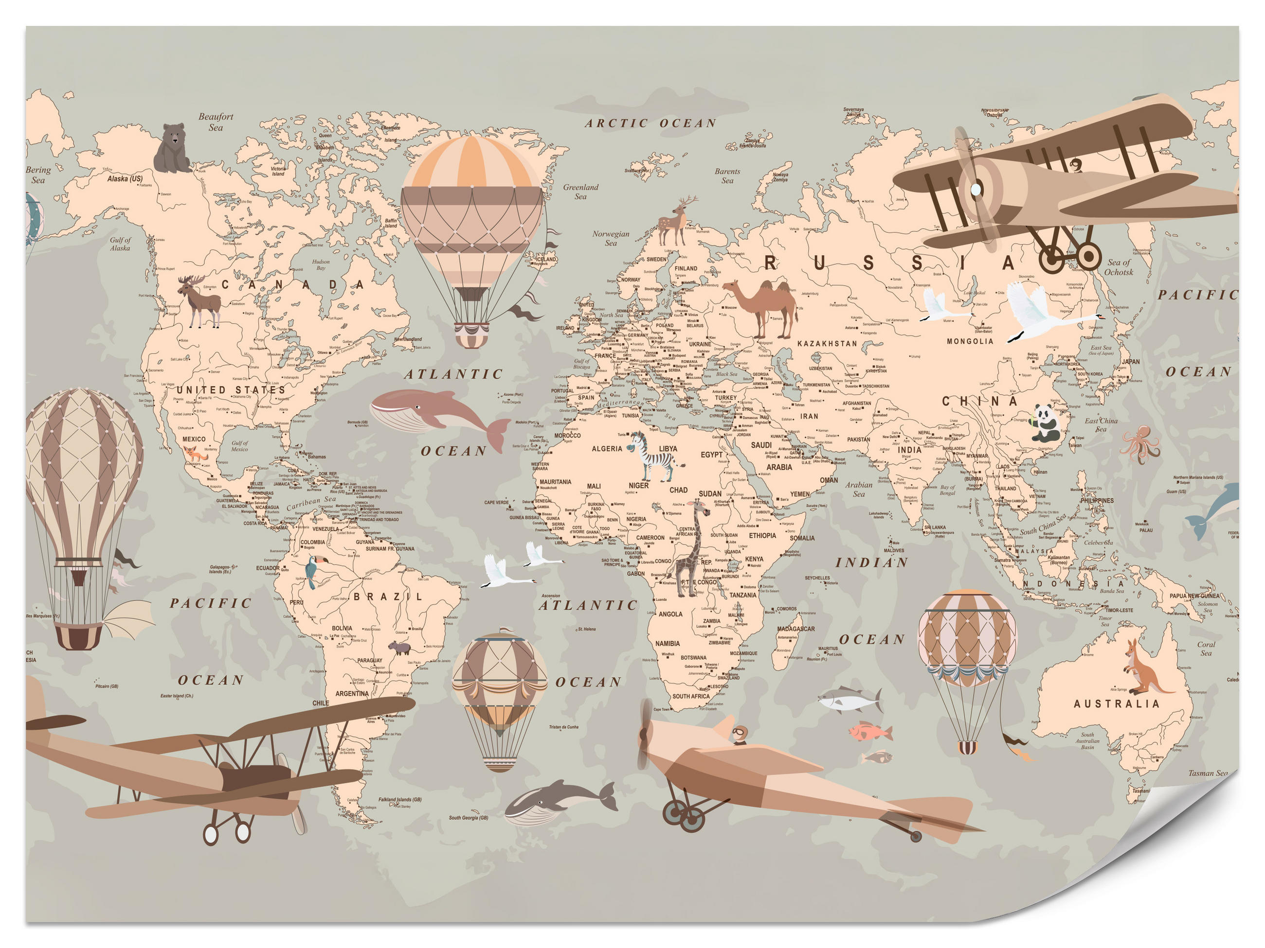 FOTOTAPETE für Kinderzimmer Retro Weltkarte Balony Flugzeuge 500x350 - Beige/Orange, Papier (500/350cm) - Muralo