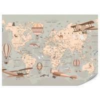FOTOTAPETE für Kinderzimmer Retro Weltkarte Balony Flugzeuge 500x350 - Beige/Orange, Papier (500/350cm) - Muralo