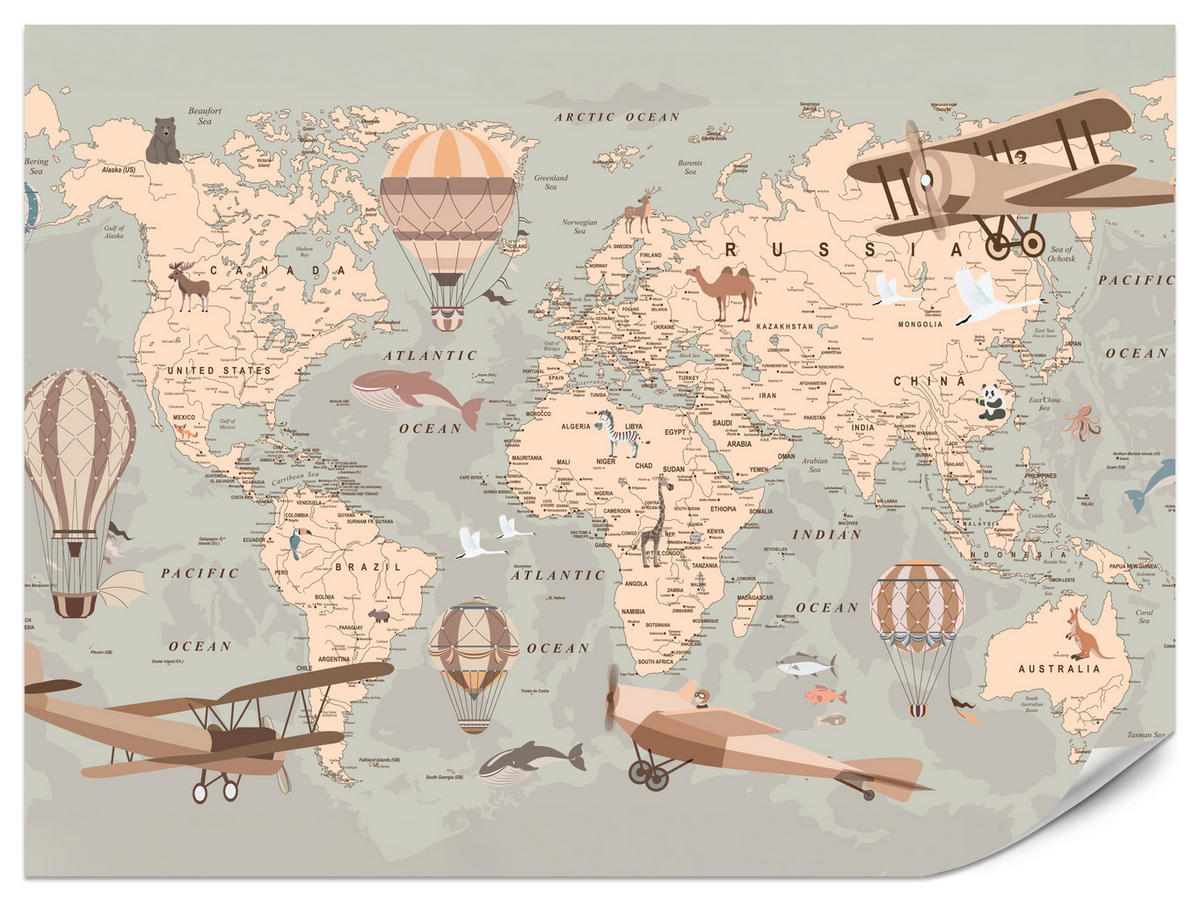 FOTOTAPETE für Kinderzimmer Retro Weltkarte Balony Flugzeuge 500x350 - Beige/Orange, Papier (500/350cm) - Muralo