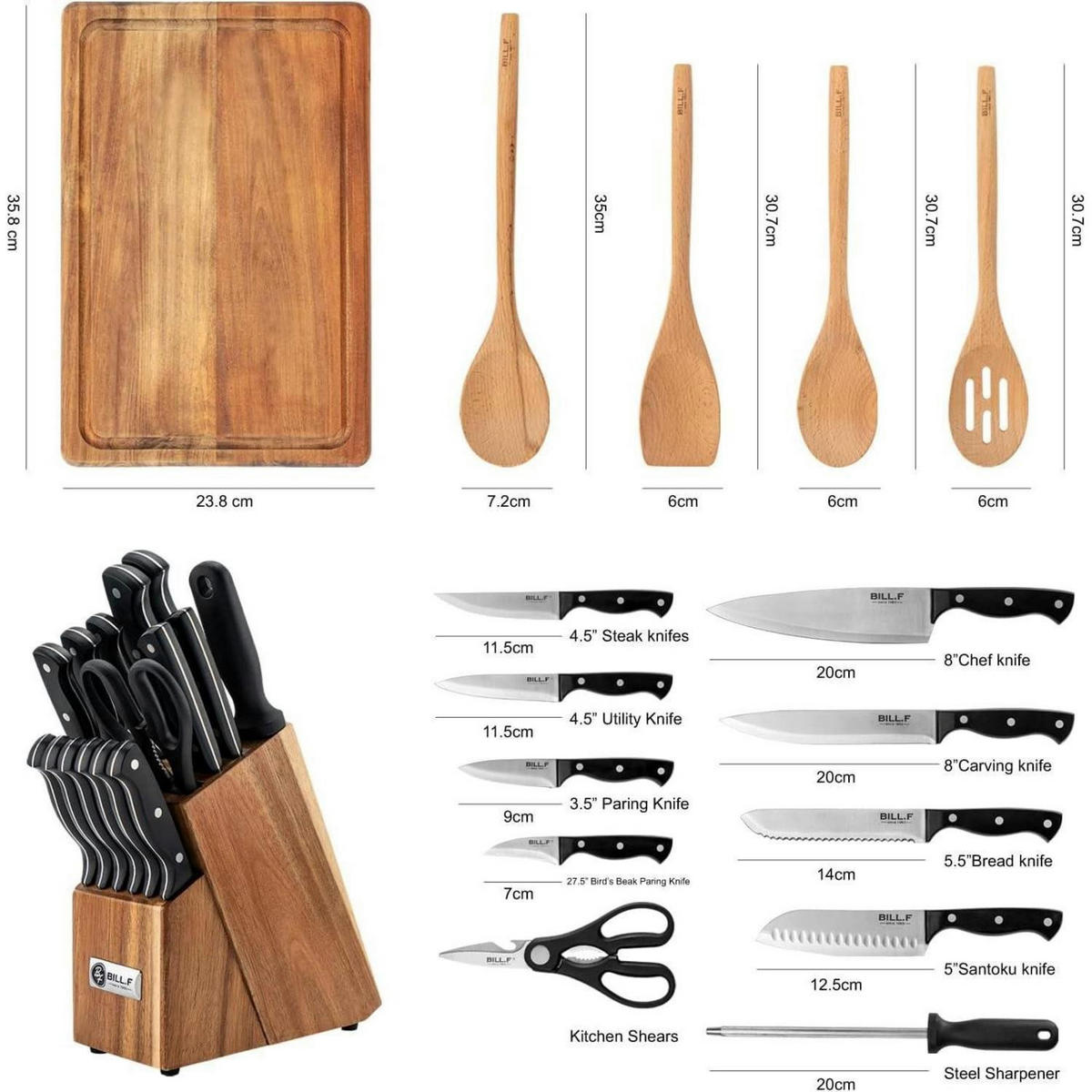 MESSERBLOCKSET 16-teilig mit Kochutensilien und Schneidebrett - Braun, Holz (23.8/10/35.8cm)