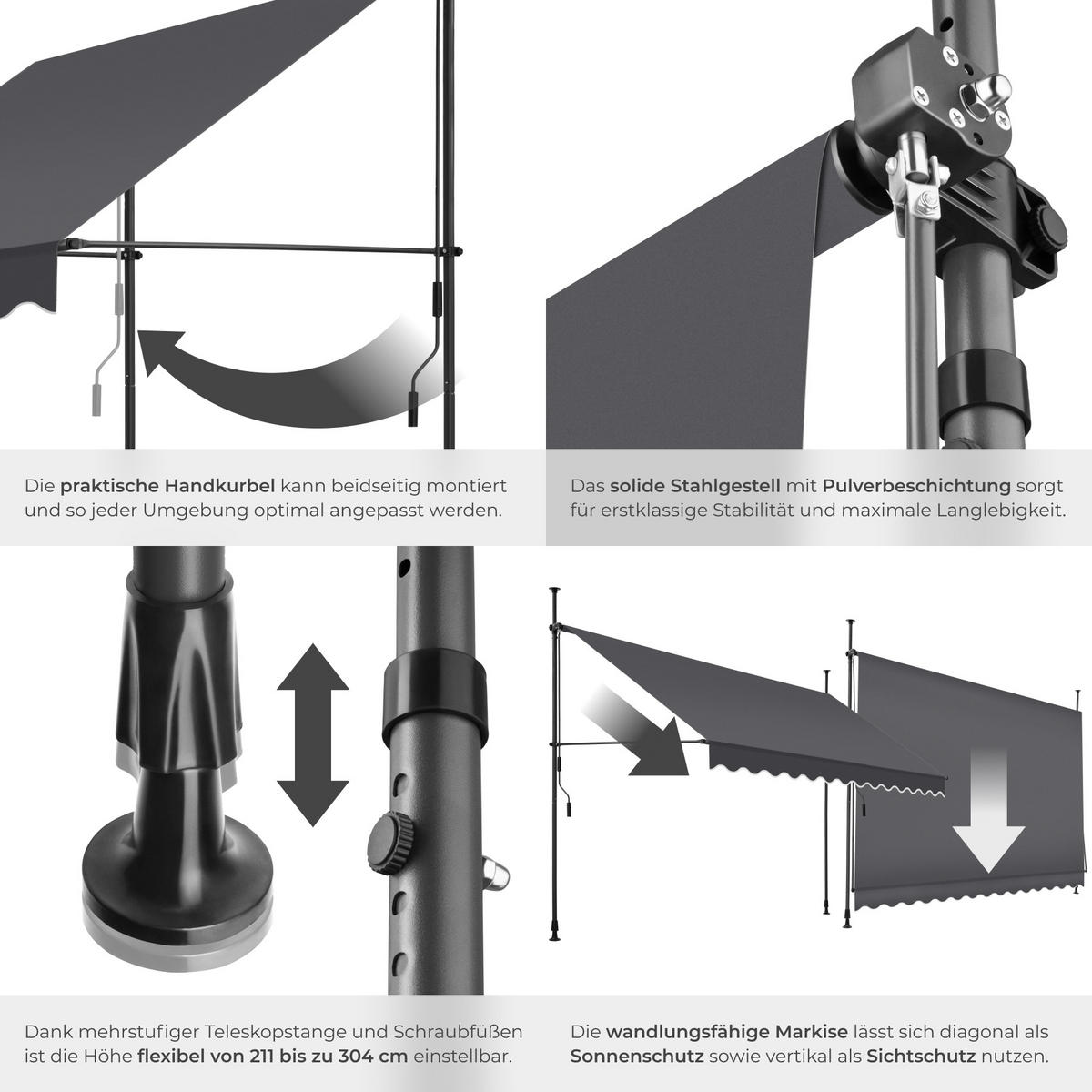 KLEMMMARKISE ,einfache Montage,schwarz/grau - Schwarz/Grau, Kunststoff (350/304/180cm) - tectake