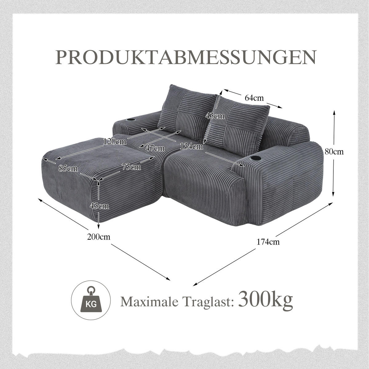 MODULARES 2-Sitzer Cordsofa mit Hocker Getränkehalter und Seitentasche 200/174/80 cm Dunkelgrau - Dunkelgrau, Textil (174/200cm) - Redom