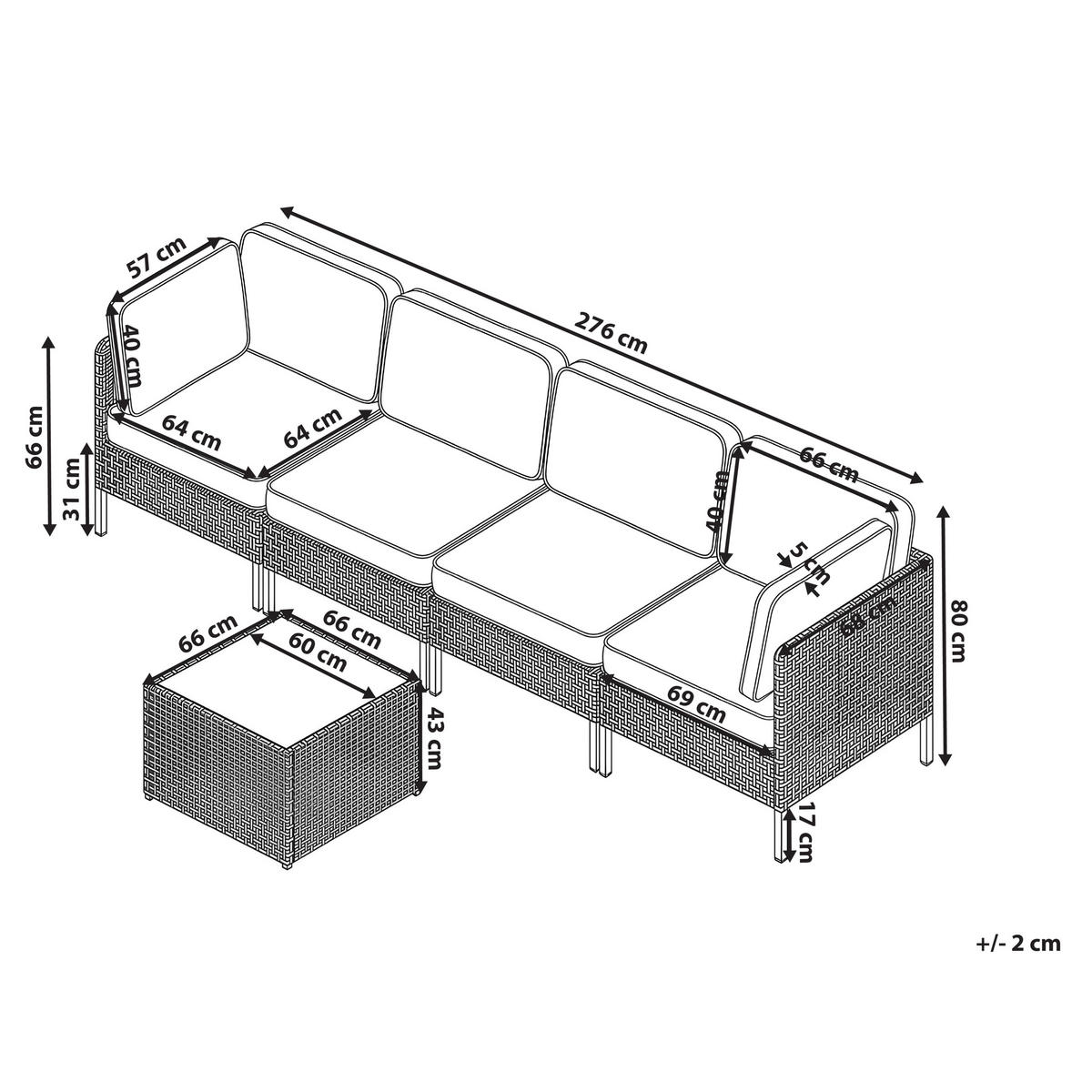 ZAHRADNÍ POHOVKA se stolem 4-místná modulární Polyratan Světle béžová Omegana - černá/béžová, plast (276/80/68cm) - Beliani