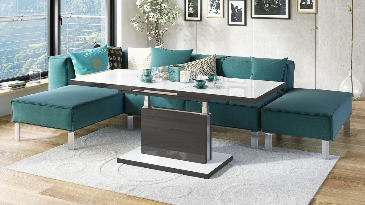 COUCHTISCH rechteckig Weiß Hochglanz - Anthrazit Hochglanz ausziehbar höhenverstellbar - Weiß Hochglanz/Anthrazit, Holzwerkstoff (70/120/56cm) - designimpex