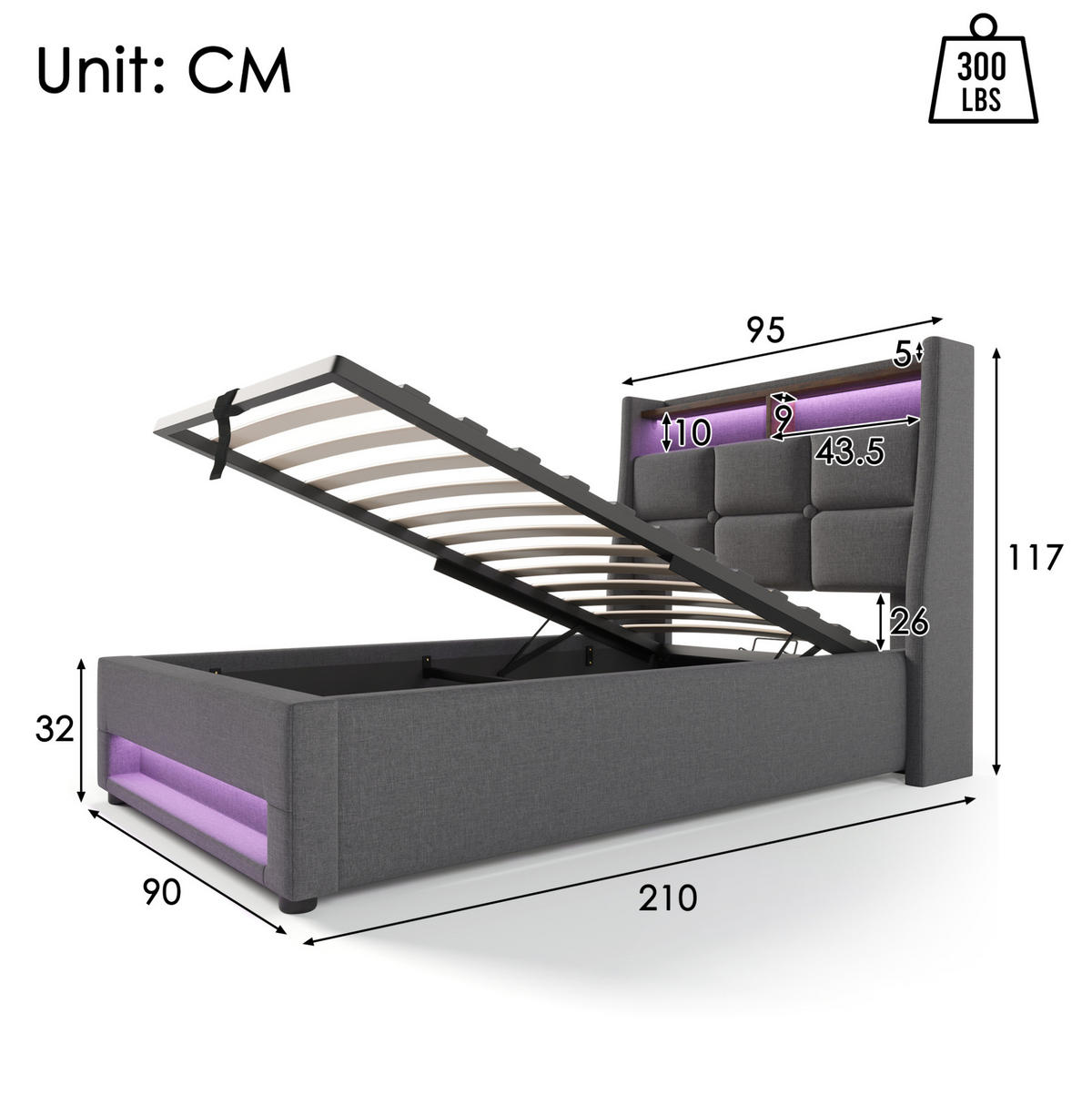 POLSTERBETT 90/200 cm Grau aus Leinen mit LED und USB - Grau, Textil (90/200cm) - OKMYHOME