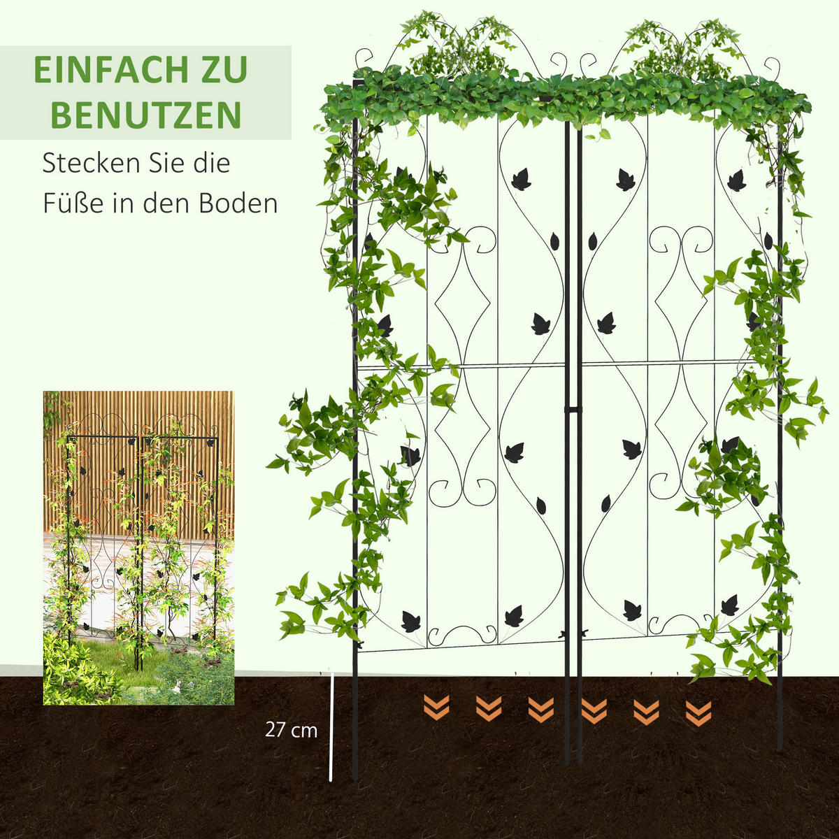 RANKGITTER-SET 2TLG. im Blätterdesign Schwarz - Schwarz, Metall (1.3/181/50cm) - Outsunny