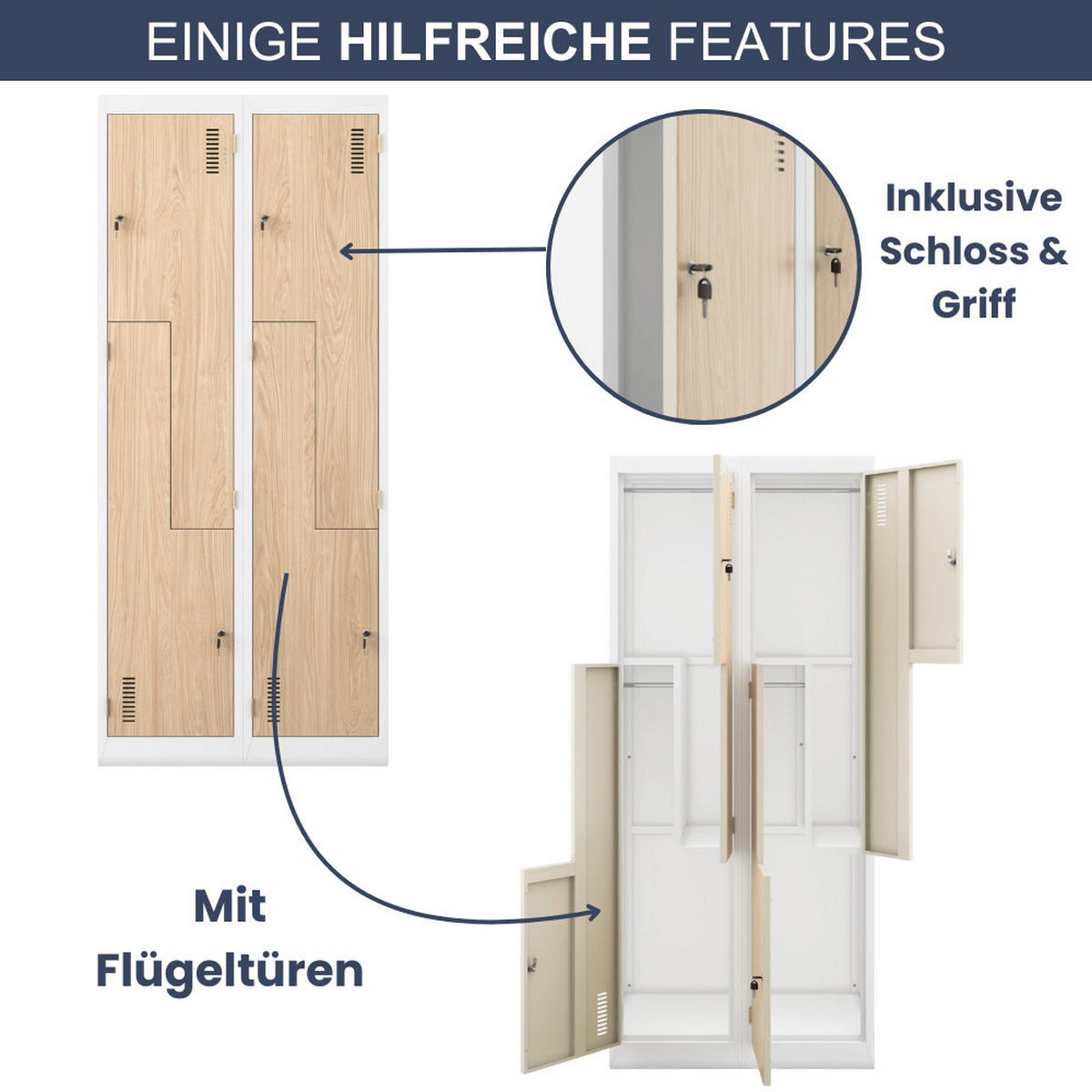 UMKLEIDESCHRANK Spind OSLO 4 Abteile 185x80x45cm Weiß-Sonoma Eiche - Weiß, Metall (80/185/45cm) - DELUKE