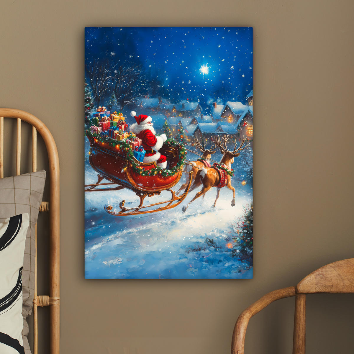 LEINWANDBILD Weihnachtsmann - Rentier - Weihnachten - Schnee 40x60 cm - Cognac, Textil (40/60cm) - MuchoWow