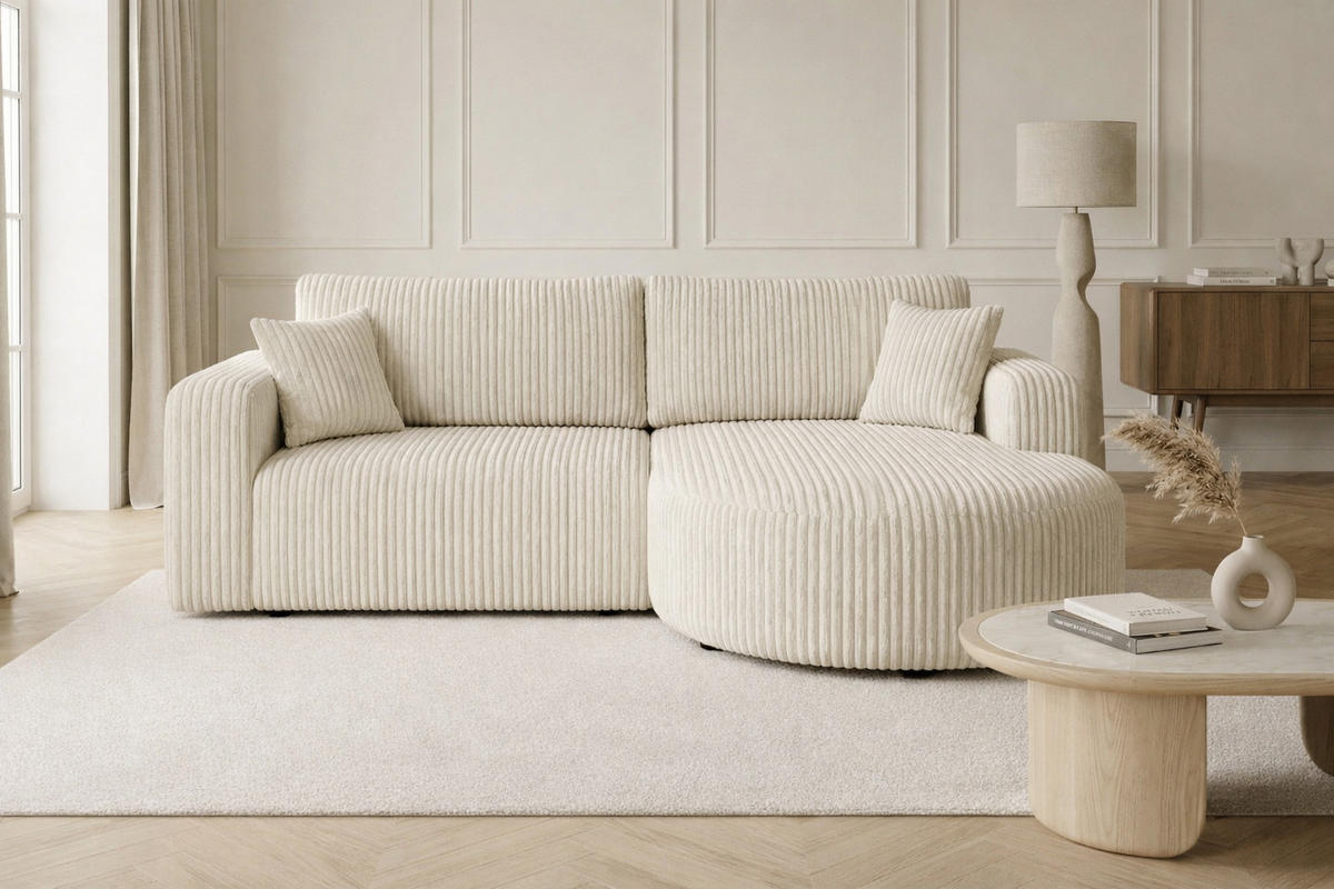 ECKSOFA Mit Schlaffunktion, Cordstoff Tilia, Ecru, Rechts, ROUND ONE - Ecru, Holz (244/175cm) - Kaiser Möbel