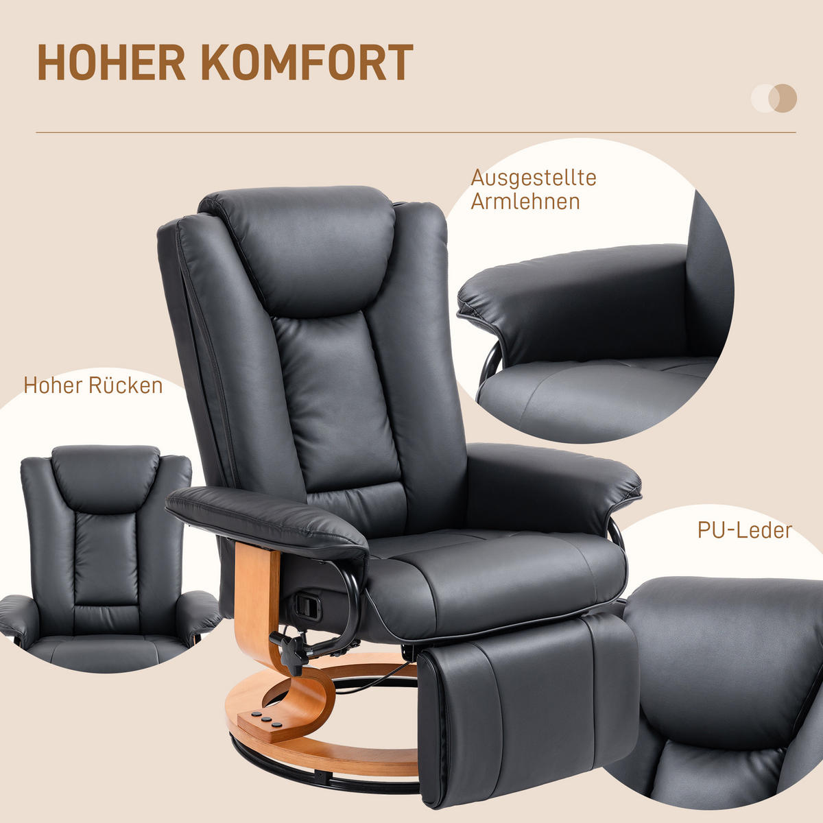RELAXSESSEL Drehbar Fernsehsessel mit Liegefunktion, Fußstütze, Schwarz - Schwarz, Leder (88/103/78cm) - HOMCOM