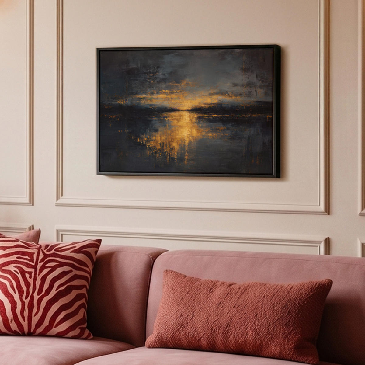 LEINWAND Bilder mit Rahmen - Goldene Reflexion auf dem Wasser - 60x40 - Anthrazit, Textil (60/40cm) - MuchoWow