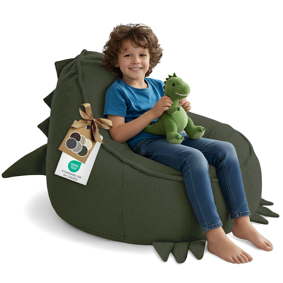 SITZSACK FÜR KINDER Dino 75/75/55 cm, weicher Bouclé 315 g/m², abnehmbarer Bezug, Forest Whisper - Dunkelgrün, Textil (75/55/75cm) - Dreamroots