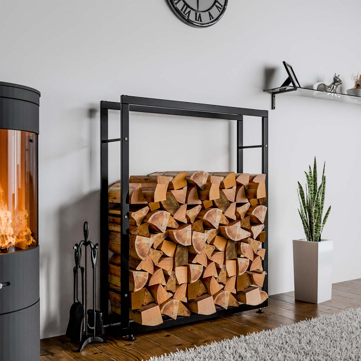 KAMINHOLZREGAL 100/25/150 cm Metall Schwarz - Schwarz, Metall (100/150/25cm) - CLP