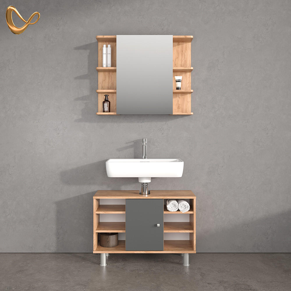 BADMÖBEL-SET Fucino Goldkraft Eiche 2 Teile, Unterschrank 80 cm - Honigeiche/Anthrazit, Holzwerkstoff (80/64/32cm) - Livinity®