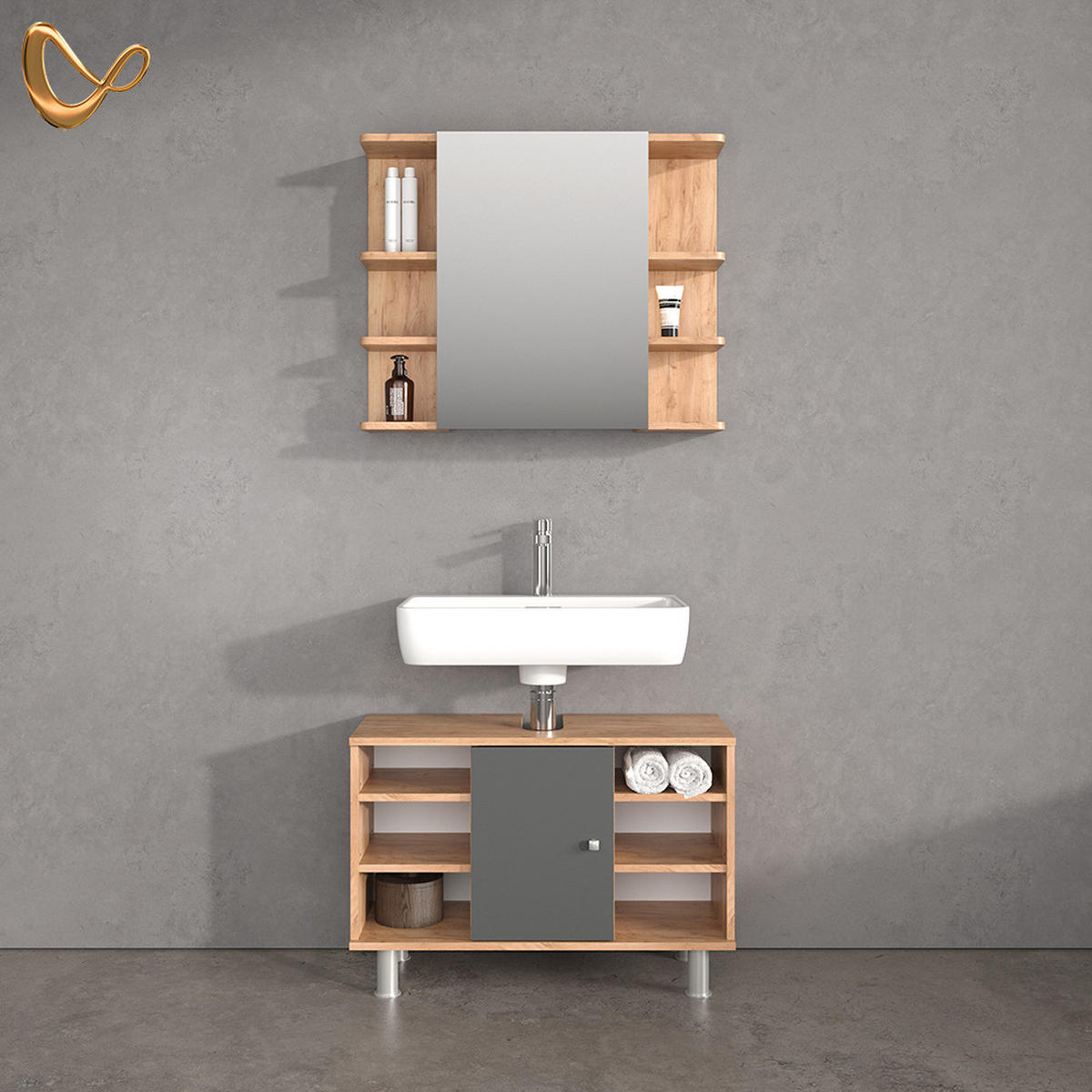 BADMÖBEL-SET Fucino Goldkraft Eiche 2 Teile, Unterschrank 80 cm - Anthrazit/Eiche Wotan, Holzwerkstoff (80/64/32cm) - Livinity®