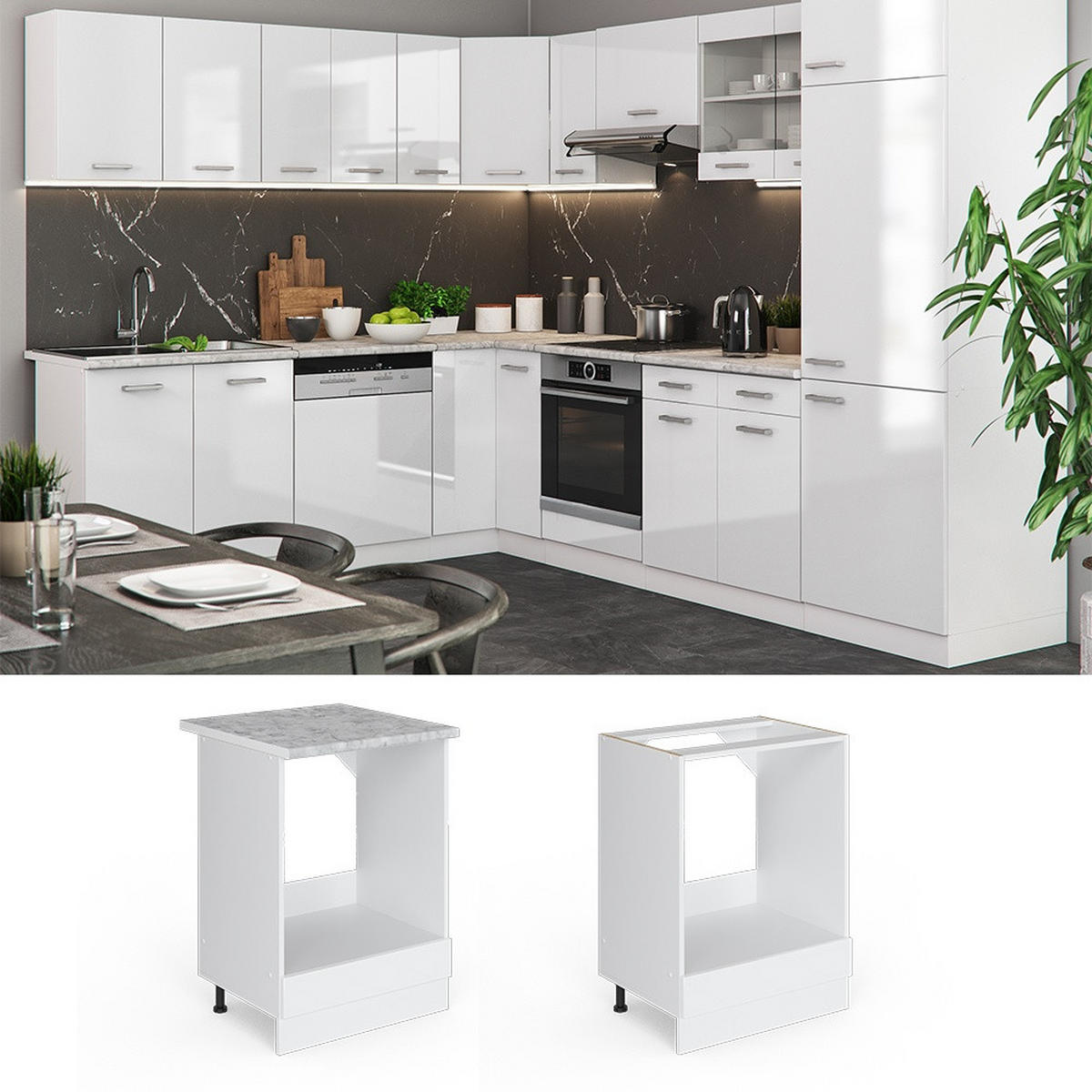 HERDUMBAUSCHRANK R-Line Weiß Hochglanz 60 cm ohne Arbeitsplatte - Weiß Hochglanz/Weiß, Holzwerkstoff (60/81.6/46cm) - Vicco