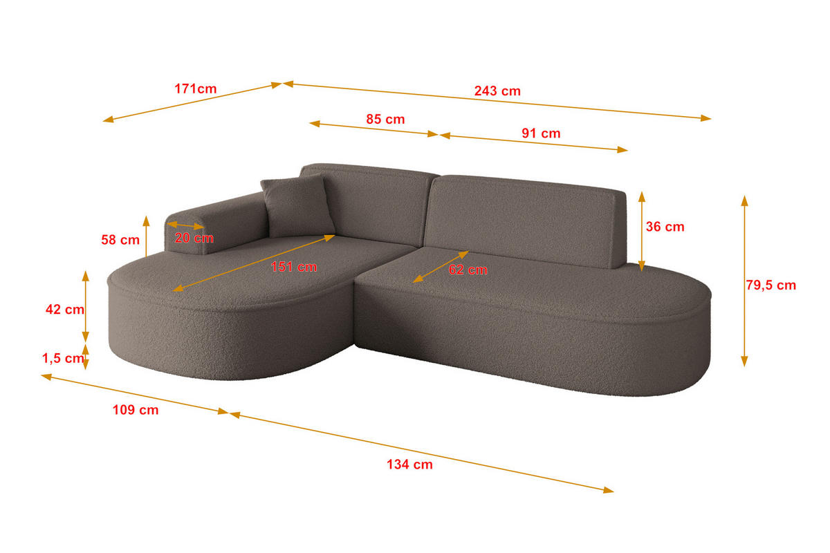 ECKSOFA Ottomane Links MARI-L1 - 243x171x79 cm Braun Bouclé - Schwarz/Braun, Holzwerkstoff/Kunststoff (243/171cm) - ALTDECOR