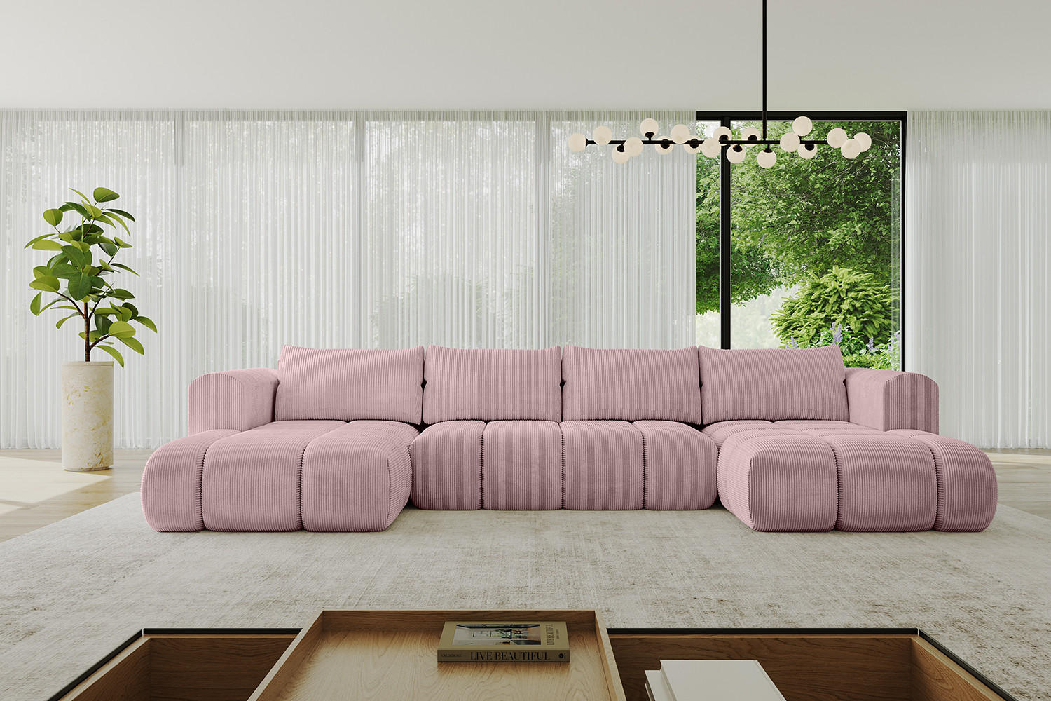 WOHNLANDSCHAFT Ottomane Links CLOUD-U 414x180x40 Rosa Cord - Rosa, Holzwerkstoff/Kunststoff (414/90/180cm) - ALTDECOR