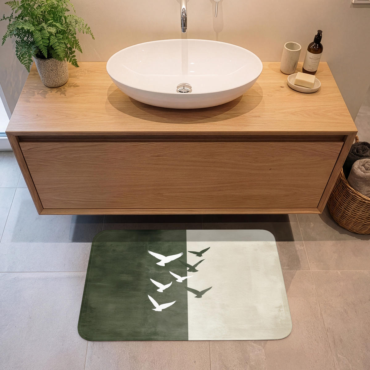 KOUPELNOVÁ PŘEDLOŽKA Japandi - Pták - Zelený 80x50 cm - olivově zelená, textil/plast (80/50cm)