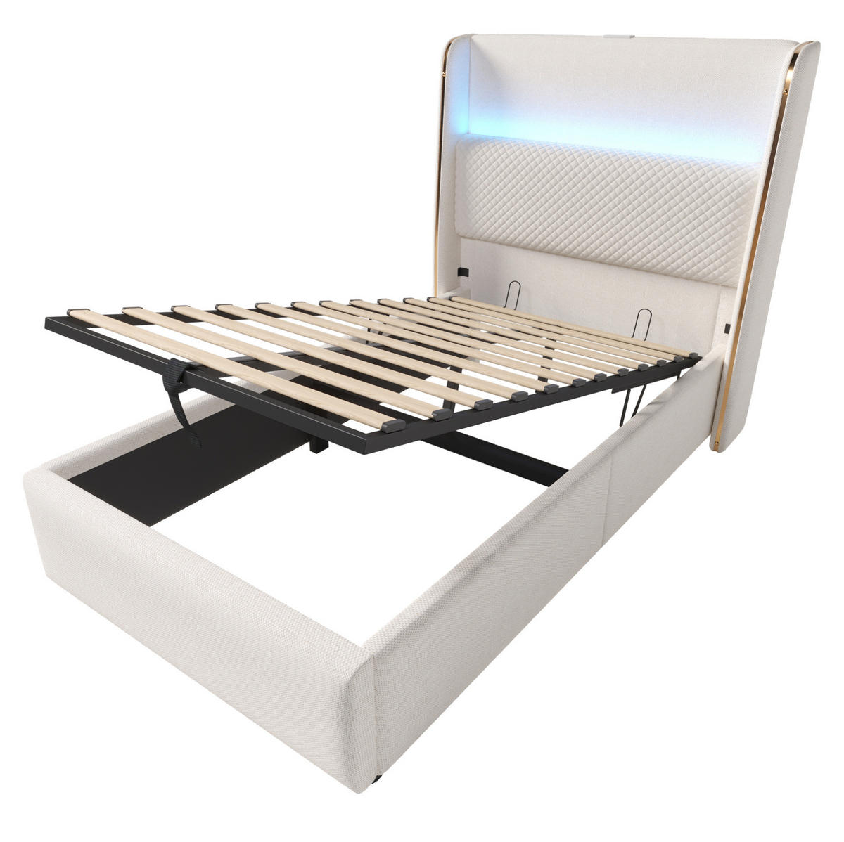 ČALOUNĚNÁ postel 90/200 cm béžová z lnu s LED osvětlením USB-C a úložným prostorem - béžová, textil (90/200cm) - OKWISH