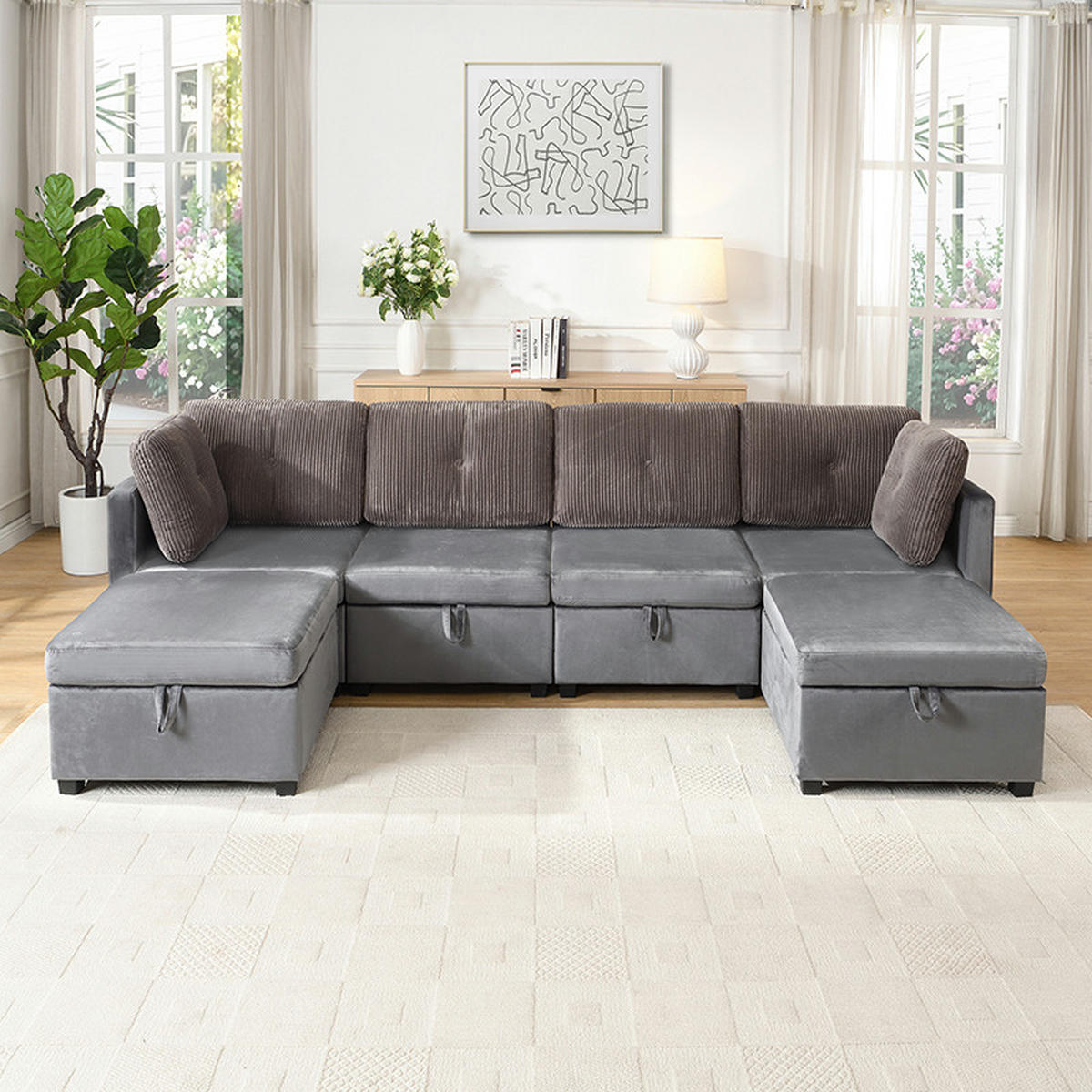 SOFA 4-Sitzer Modulares aus Samt & Cord 261x132,5 cm mit Stauraum, antikgrau - Grau, Textil (132.5/85/261cm) - Luhomfu