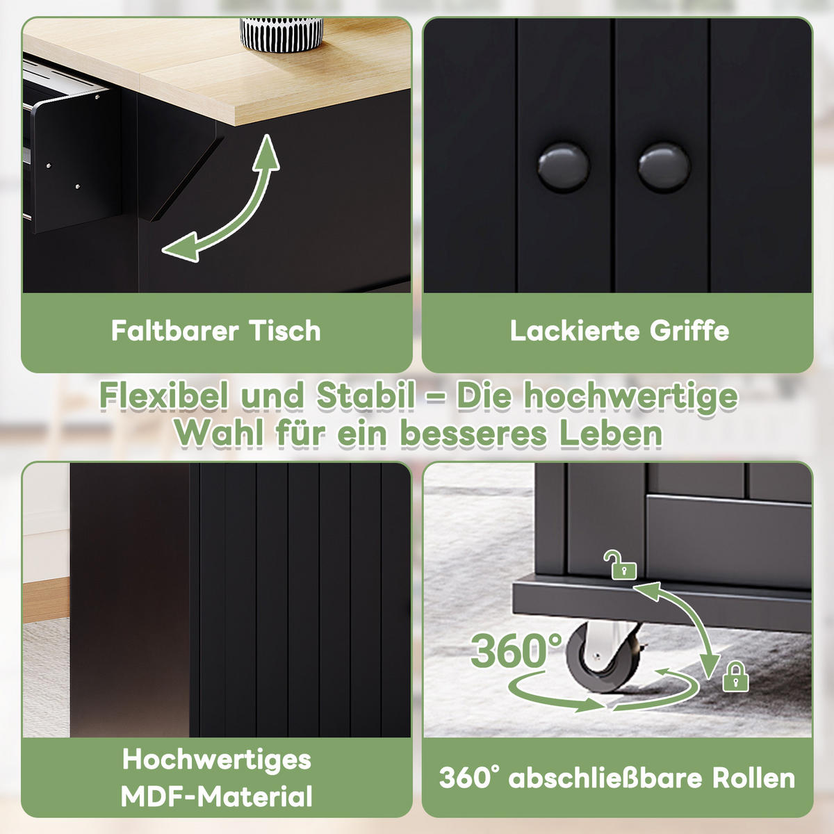 KÜCHENINSEL mit Rollen Schwarz mit Klappplatte, 2 Schubladen, Schrank und Türregal - Schwarz, Holz/Holzwerkstoff (137/89.5/70cm) - Oxeza