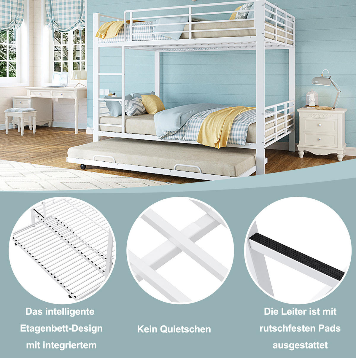 ETAGENBETT 140x200 cm in Mattweiß mit ausziehbarem Unterbett für 3 Schlafplätze - Weiß, Metall (140/200cm) - IVMEU