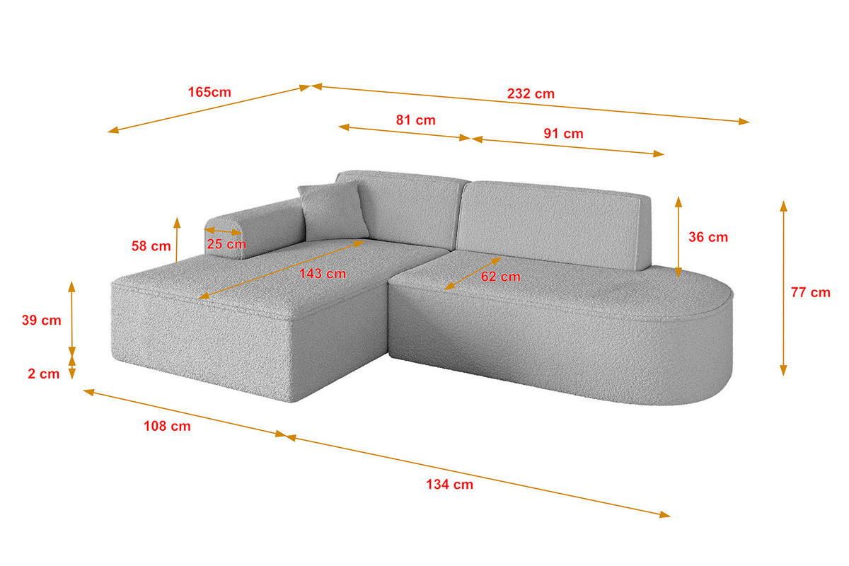 ECKSOFA Ottomane Links IREA-L1-v3 - 232x165x77 cm Hellgrau - Hellgrau, Holzwerkstoff/Textil (232/165cm) - ALTDECOR