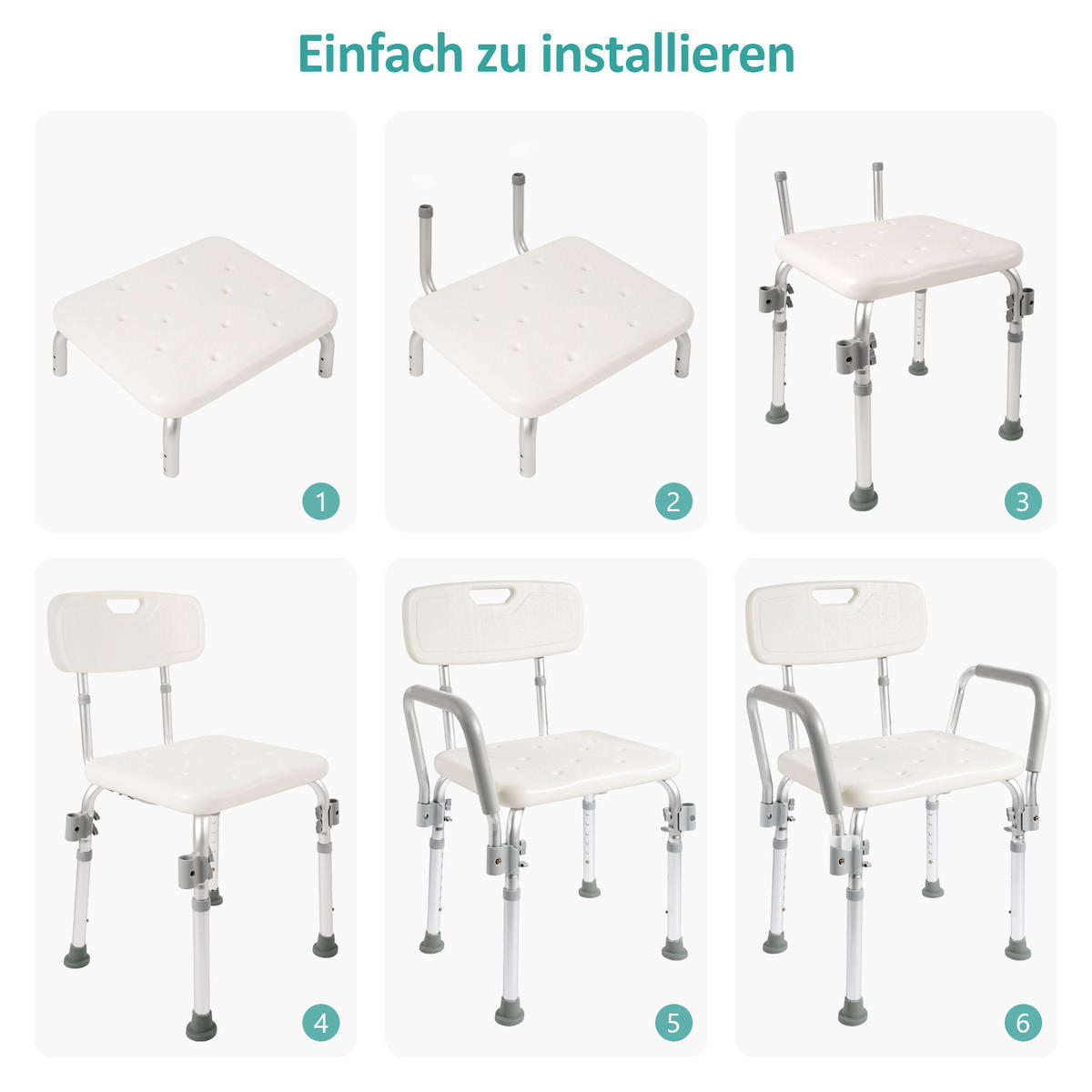DUSCHHOCKER mit Abnehmbarer Armlehne 50,5/47,5/75 cm - Weiß, Metall (50/75/47cm) - EMKE
