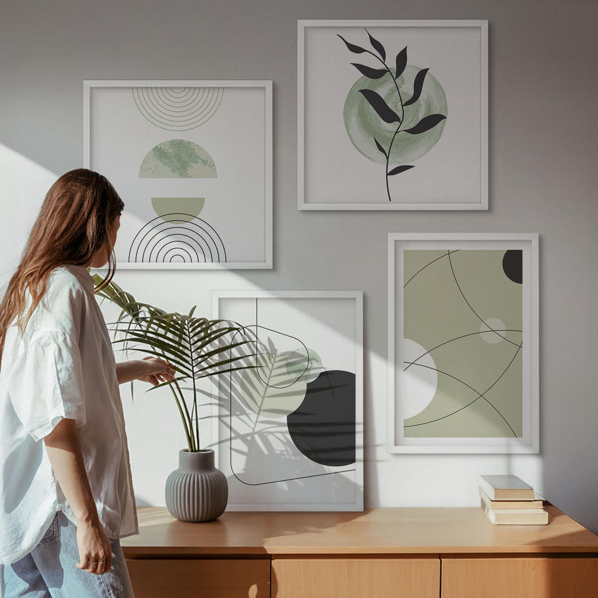 BILDER SET 4er Set - 50x50 cm & 40x60 cm Weißer Rahmen - Abstrakte Formen und Farben - Weiß, Kunststoff (50/50cm) - TULUP