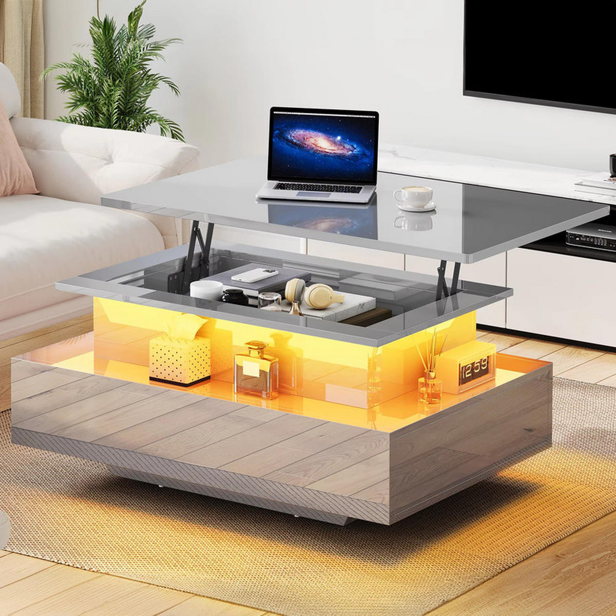COUCHTISCH Höhenverstellbar LED Hochglanz mit Schubladen Stauraum - Grau, Holz (85/55/56cm) - Kaket