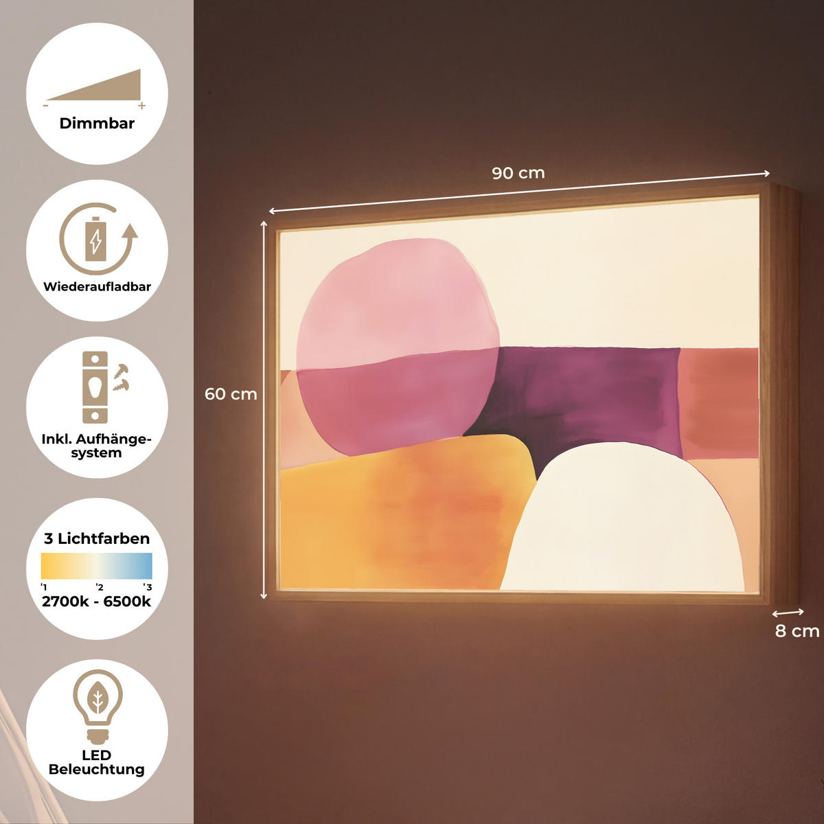 NÁSTĚNNÁ LAMPA S AKUMULÁTOREM Tvary - abstraktní - barevné 90x60 cm - růžová, kompozitní dřevo (90/60/8cm) - OnlyWow