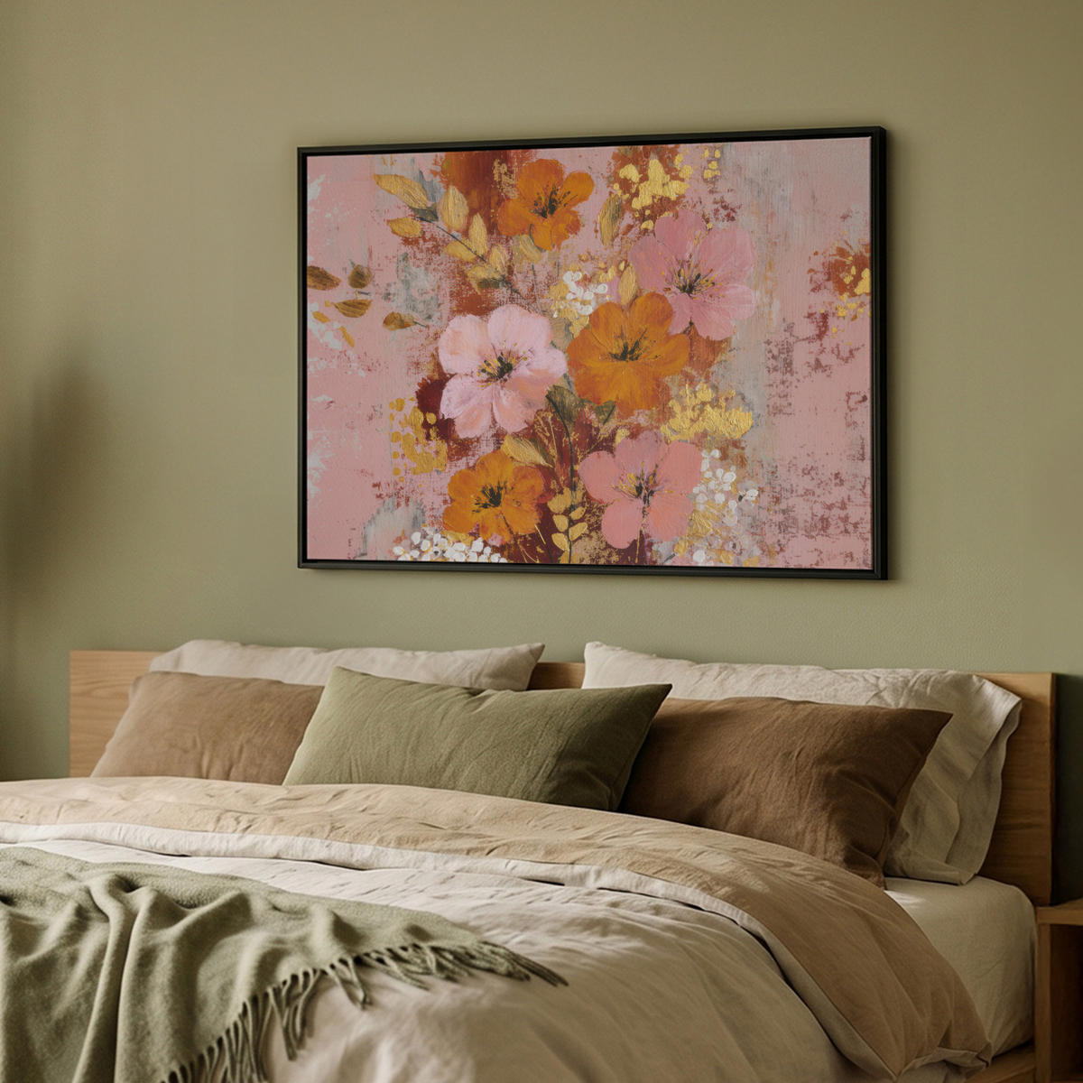 LEINWAND Bilder mit Rahmen - Malerei - Blumen - Rustikal - Rosa - 100x70 - Altrosa, Textil (100/70cm) - MuchoWow