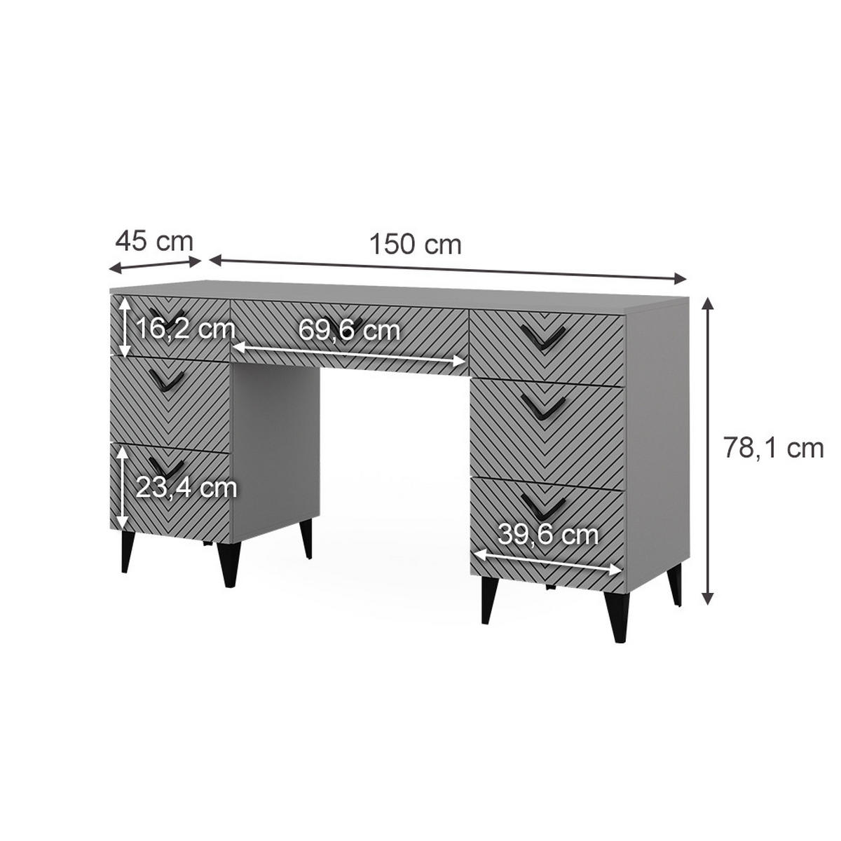 SCHMINKTISCH Anett Grau 150 cm ohne Spiegel, mit 7 Schubladen - Grau, Holzwerkstoff (45/150/78.1cm) - Vicco