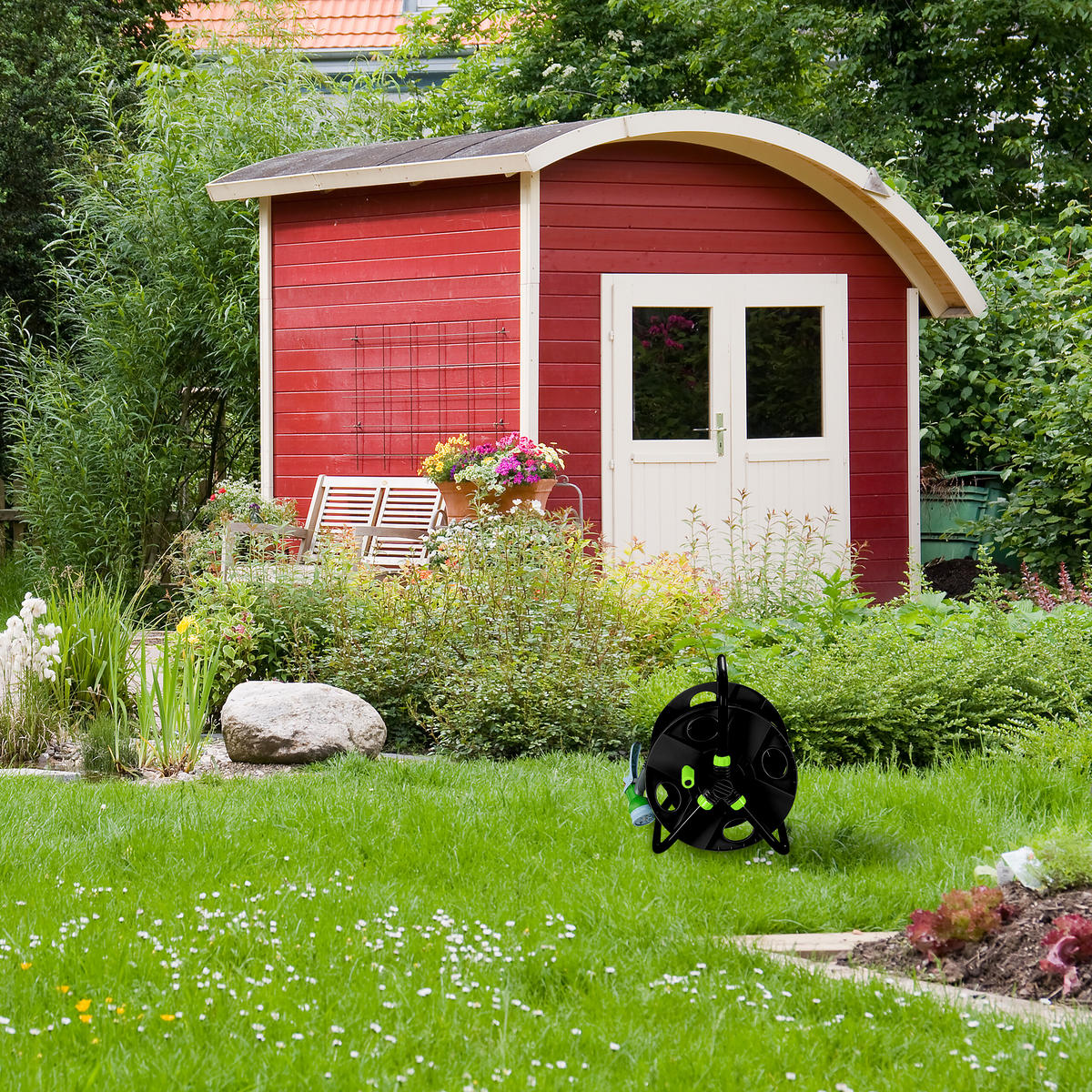 SCHLAUCHTROMMEL - Schwarz, Kunststoff/Metall (42/38/31cm) - Relaxdays