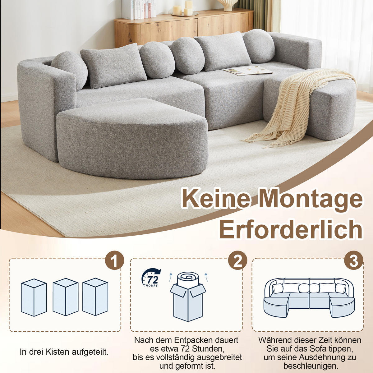 SCHLAFSOFA Grau Cloud Chenille modular Schlaffunktion 292cm - Grau, Textil (165/68/292cm) - FLIEKS