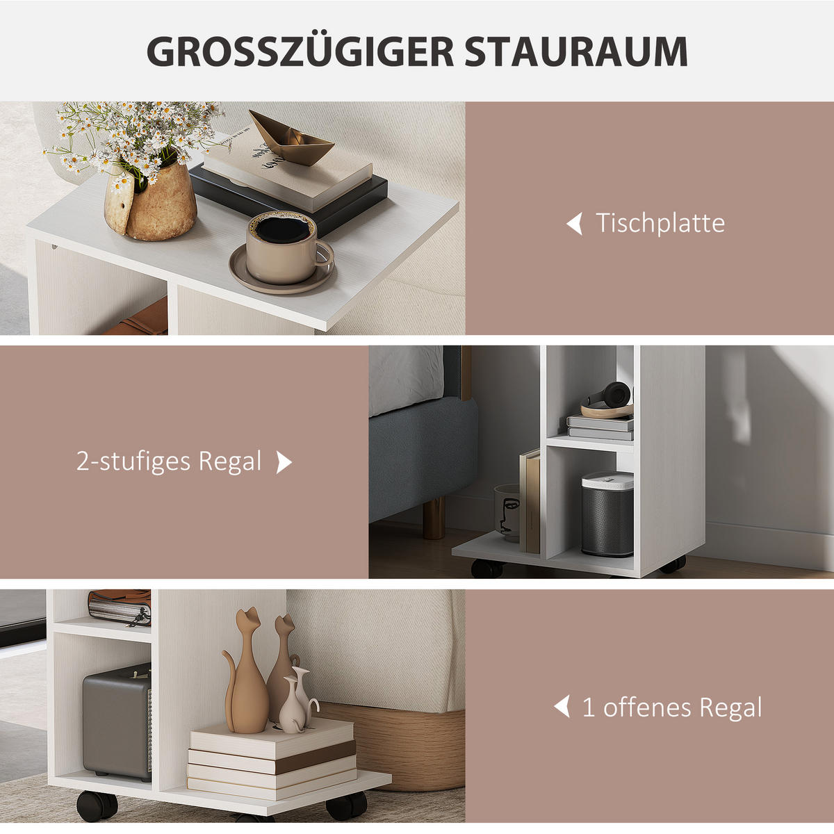 BEISTELLTISCH in C-Form, Couchtisch mit Rollen, 45 x 35 x 58 cm, Weiß - Weiß, Holzwerkstoff (35/45/58cm) - HOMCOM