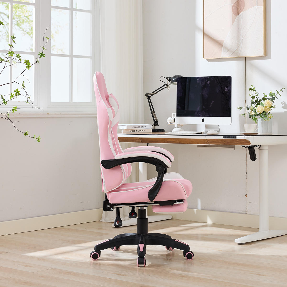 DREHSTUHL B64 / T58 / H116.5-126 cm,, ergonomisch gepolstert, drehbar mit Fußstütze, Weiß und Rosa - Pink, Kunststoff (58/116.5/64.5cm) - Redom